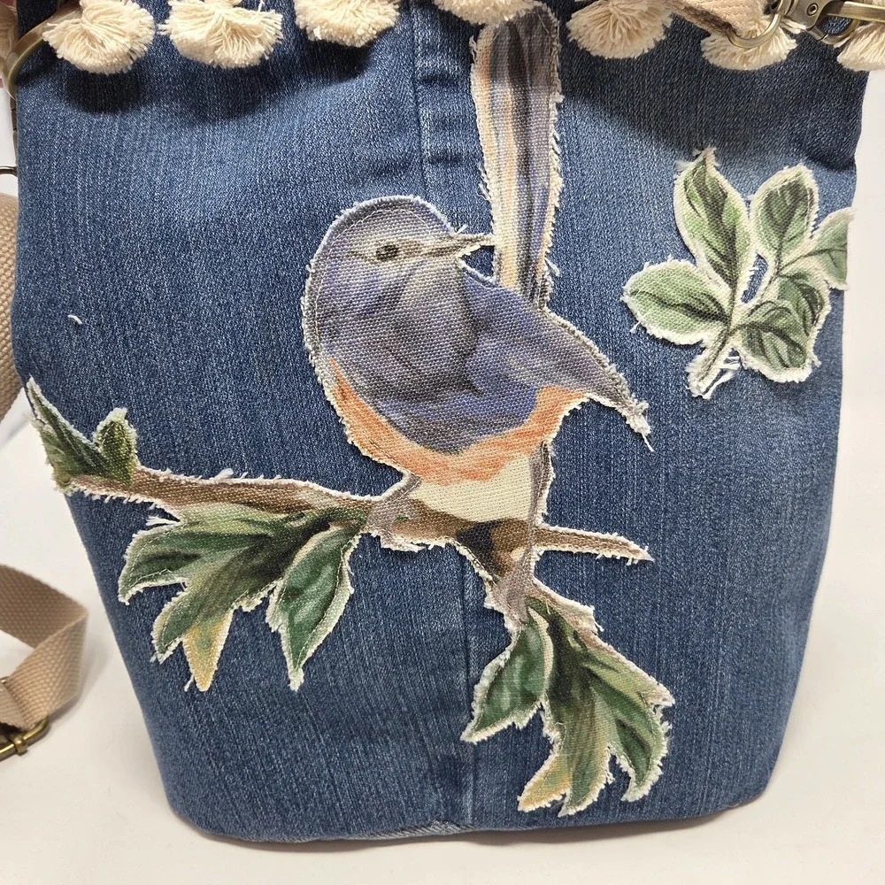 Handcrafted Upcycled Denim Bird Wildlife Tote HandBag Purse Adjustable Crossbody